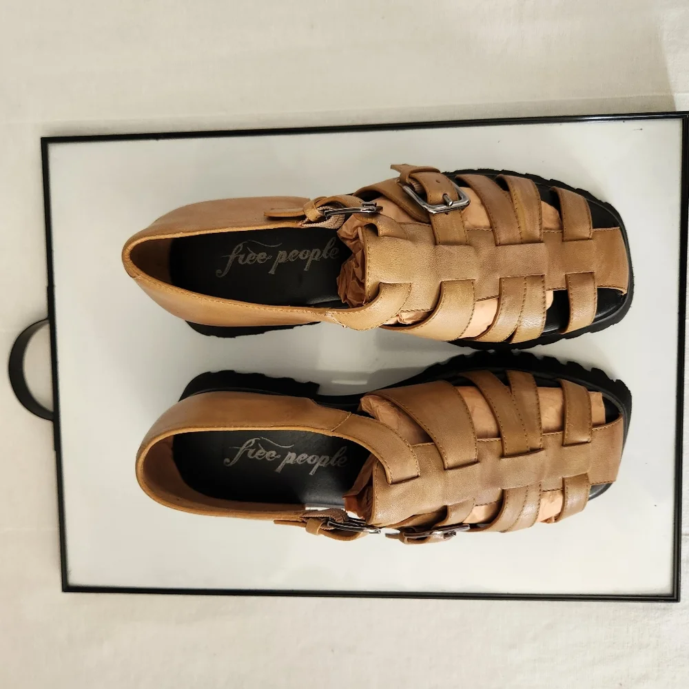 Free People Tan Woven Leather Platform Sandals - Picture 10 of 10
